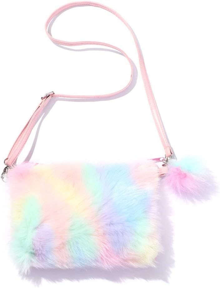 Women Girls Kids Fluffy Fuzzy Bag Plush Tie Dye Rainbow Crossbody Purse Wallet